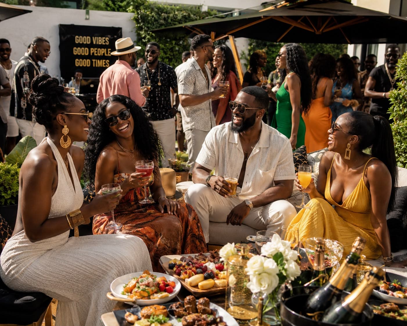 Guests laughing together at a sunlit garden supper club gathering