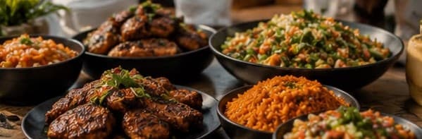 Jollof rice and grilled bites spread