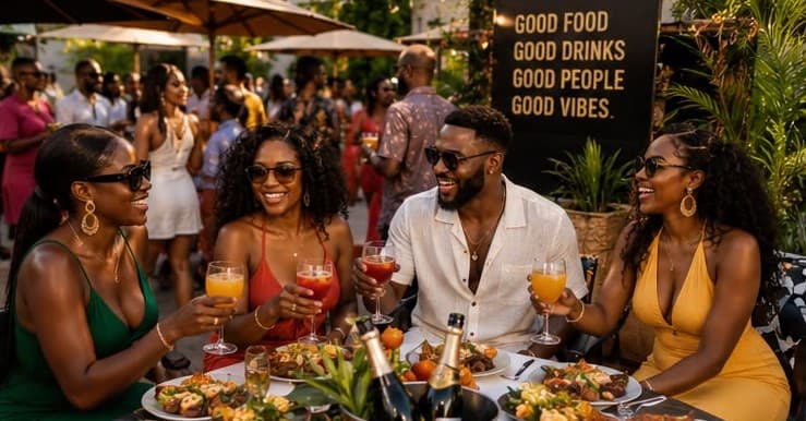 Friends toasting at the terrace table