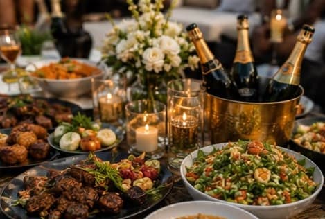 Tablescape with roses and champagne
