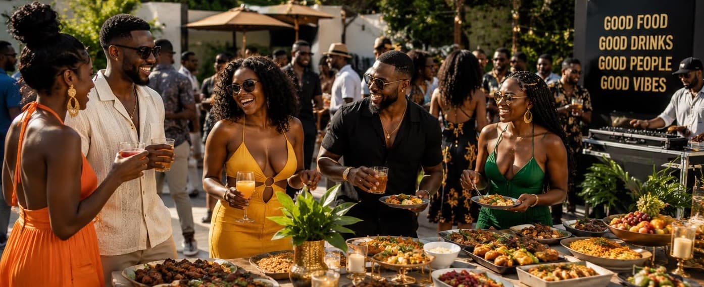 Guests toasting by the DJ booth and 'good vibes' sign